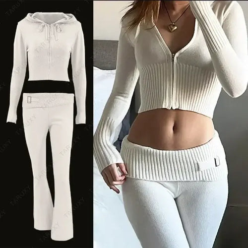 Load image into Gallery viewer, Knitted Hoodie Cropped Top And Pants Set
