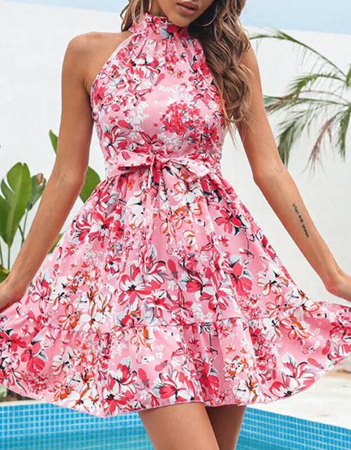 Load image into Gallery viewer, New Flowers Print Halterneck Dress Summer Fashion Temperament Lace-up Ruffled Dresses For Women
