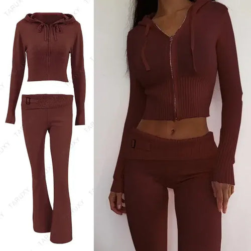 Load image into Gallery viewer, Knitted Hoodie Cropped Top And Pants Set
